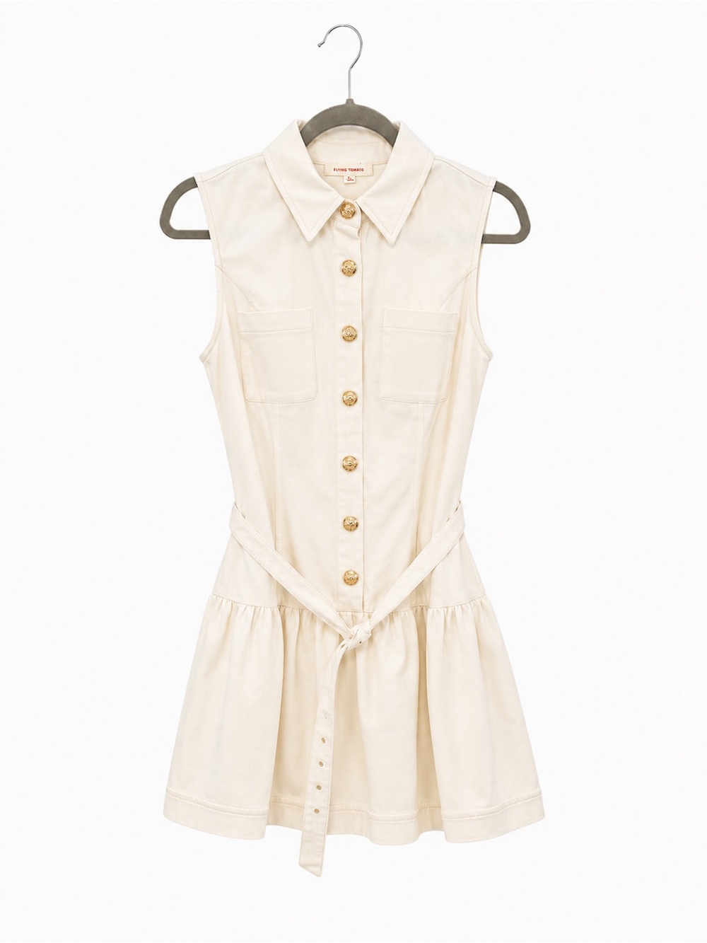 Flying Tomato Sleeveless Cream Button-Front Mini Dress with Belt